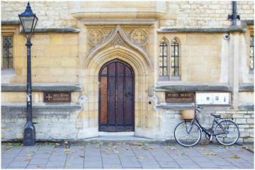 St Cross College Oxford, main doorway with a bicycle beside it